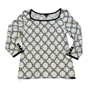 Talbots Black White Medallion Cotton Blend Lightweight 3/4 Sleeve Sweater XS